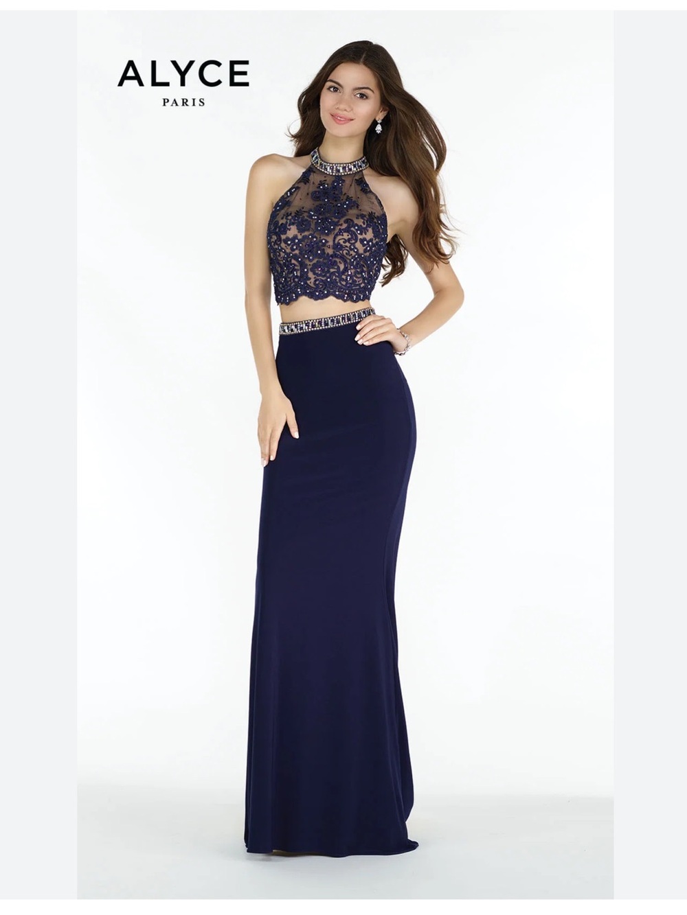 Alyce Paris Navy Embellished Halter Maxi Skirt